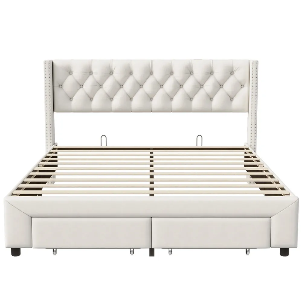 Lit 160x200 avec Sommier, Lit Coffre avec 2 Tiroirs et Hydraulique Rangement, Lits Double Rembourré en Velours,Beige>Fortuna lai Hot
