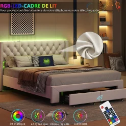 Lit 160x200 avec Sommier, Lit Coffre avec 2 Tiroirs et Hydraulique Rangement, Lits Double Rembourré en Velours,Beige>Fortuna lai Hot