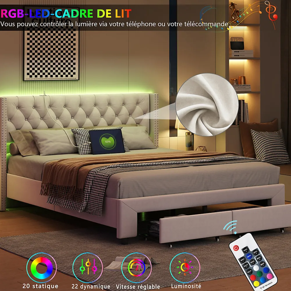 Lit 160x200 avec Sommier, Lit Coffre avec 2 Tiroirs et Hydraulique Rangement, Lits Double Rembourré en Velours,Beige>Fortuna lai Hot