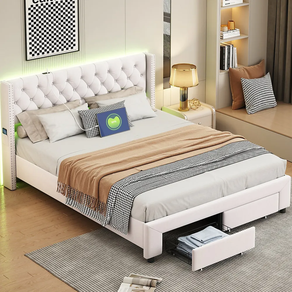 Lit 160x200 avec Sommier, Lit Coffre avec 2 Tiroirs et Hydraulique Rangement, Lits Double Rembourré en Velours,Beige>Fortuna lai Hot
