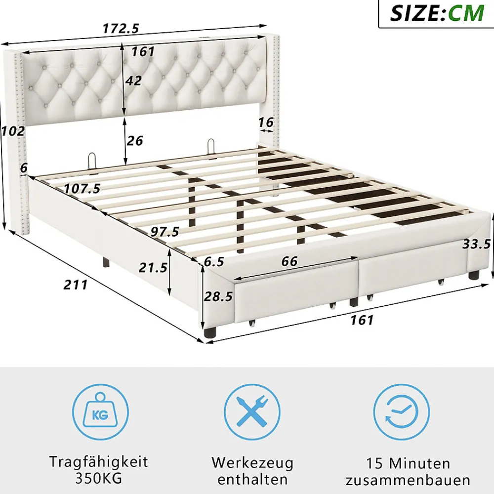 Lit 160x200 avec Sommier, Lit Coffre avec 2 Tiroirs et Hydraulique Rangement, Lits Double Rembourré en Velours,Beige>Fortuna lai Hot