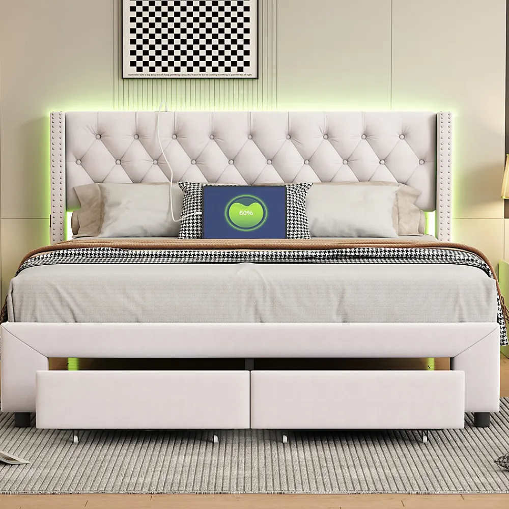 Lit 160x200 avec Sommier, Lit Coffre avec 2 Tiroirs et Hydraulique Rangement, Lits Double Rembourré en Velours,Beige>Fortuna lai Hot