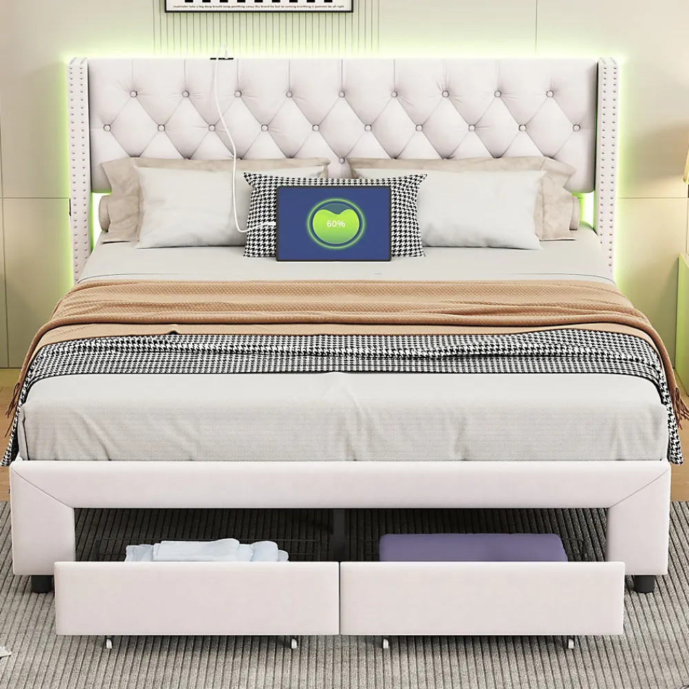 Lit 160x200 avec Sommier, Lit Coffre avec 2 Tiroirs et Hydraulique Rangement, Lits Double Rembourré en Velours,Beige>Fortuna lai Hot