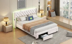 Lit 160x200 avec Sommier, Lit Coffre avec 2 Tiroirs et Hydraulique Rangement, Lits Double Rembourré en Velours,Beige><noscript><img width=