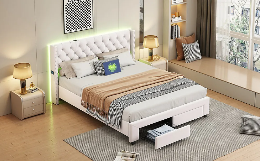 Lit 160x200 avec Sommier, Lit Coffre avec 2 Tiroirs et Hydraulique Rangement, Lits Double Rembourré en Velours,Beige>Fortuna lai Hot