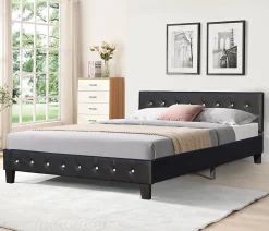 Lit 140x200 cm - avec sommier - tete de lit capitonnee noir - pieds 10 cm - 13 lattes - confort optimal - design moderne><noscript><img width=