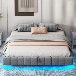 Lit 180x200 cm à effet flottant avec rangement hydraulique, cadre métal robuste, tapissé lin gris, LED>Redom Online