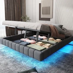Lit 180x200 cm à effet flottant avec rangement hydraulique, cadre métal robuste, tapissé lin gris, LED><noscript><img width=