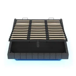 Lit 180x200 cm à effet flottant avec rangement hydraulique, cadre métal robuste, tapissé lin gris, LED><noscript><img width=