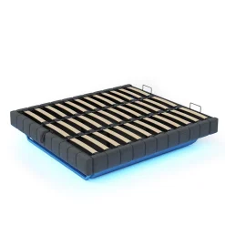 Lit 180x200 cm à effet flottant avec rangement hydraulique, cadre métal robuste, tapissé lin gris, LED><noscript><img width=