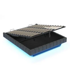 Lit 180x200 cm à effet flottant avec rangement hydraulique, cadre métal robuste, tapissé lin gris, LED><noscript><img width=