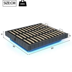 Lit 180x200 cm à effet flottant avec rangement hydraulique, cadre métal robuste, tapissé lin gris, LED><noscript><img width=