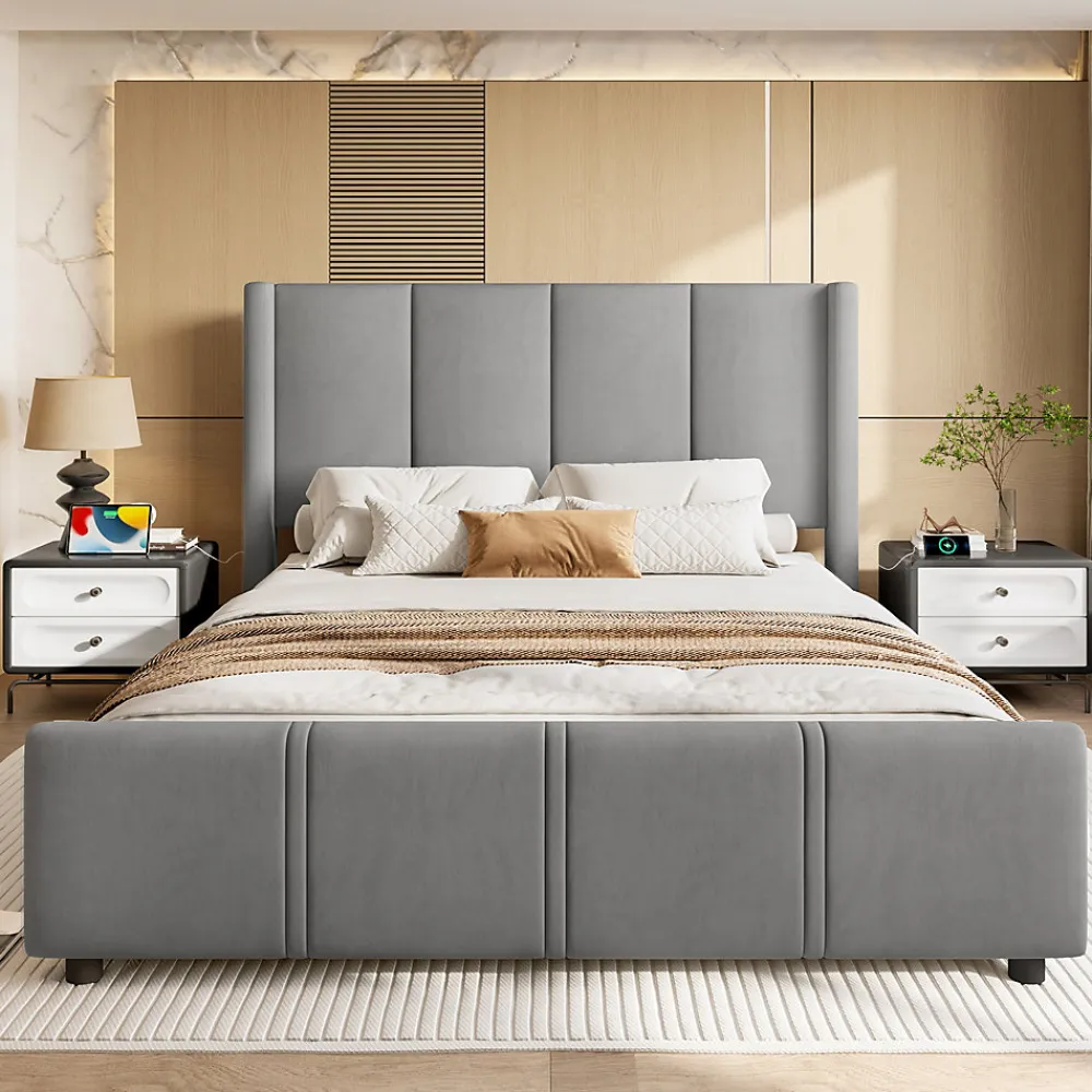 Lit 140x190 cm - tête de lit haute en velours gris foncé, ports USB intégrés, cadre métal & panneau bois>Redom Sale