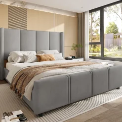 Lit 140x190 cm - tête de lit haute en velours gris foncé, ports USB intégrés, cadre métal & panneau bois>Redom Sale