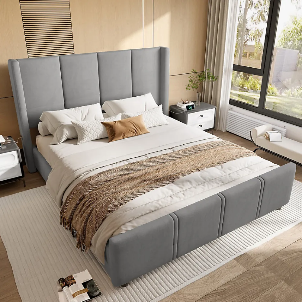 Lit 140x190 cm - tête de lit haute en velours gris foncé, ports USB intégrés, cadre métal & panneau bois>Redom Sale