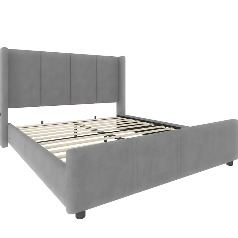 Lit 140x190 cm - tête de lit haute en velours gris foncé, ports USB intégrés, cadre métal & panneau bois>Redom Sale