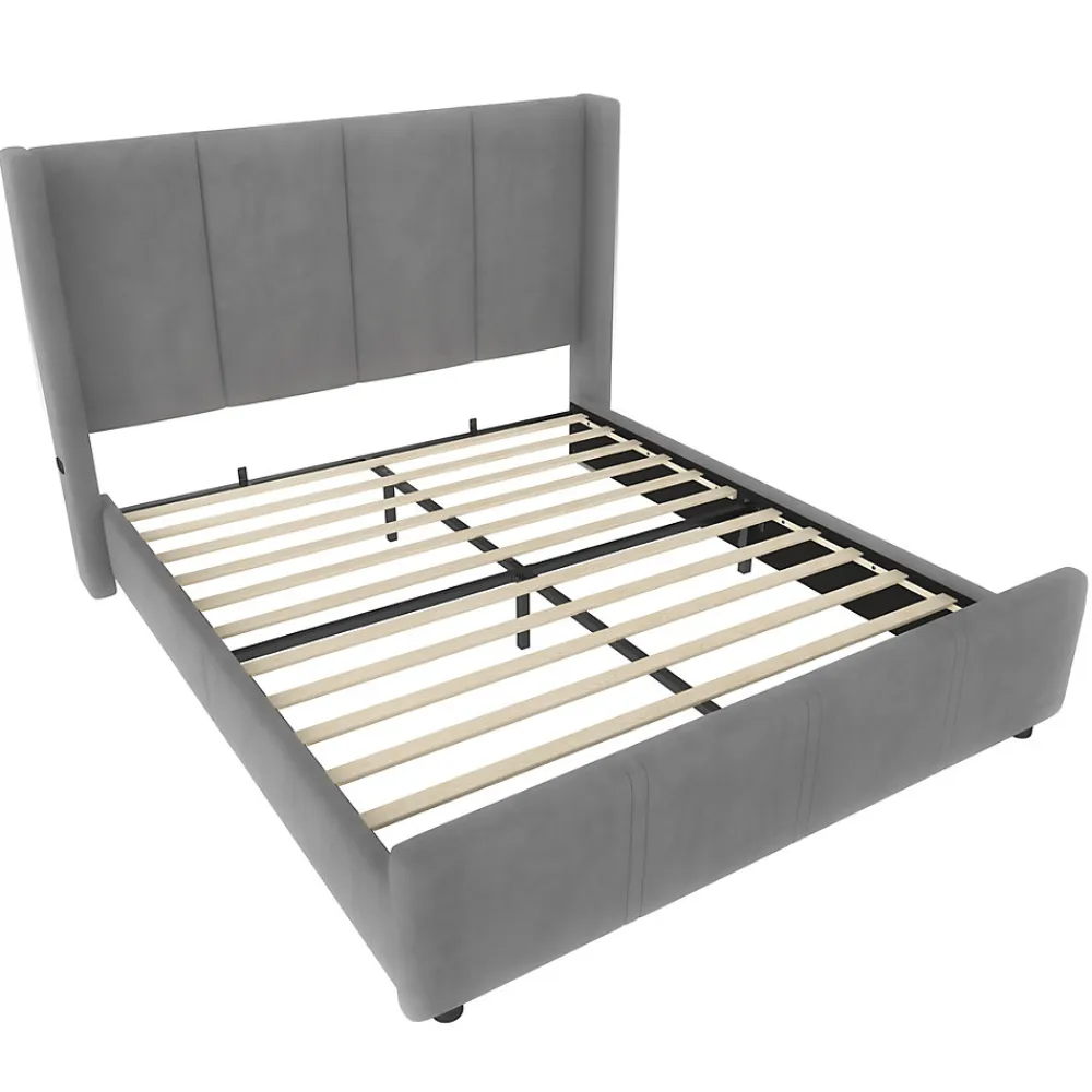 Lit 140x190 cm - tête de lit haute en velours gris foncé, ports USB intégrés, cadre métal & panneau bois>Redom Sale