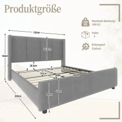 Lit 140x190 cm - tête de lit haute en velours gris foncé, ports USB intégrés, cadre métal & panneau bois><noscript><img width=
