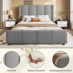 Lit 140x190 cm - tête de lit haute en velours gris foncé, ports USB intégrés, cadre métal & panneau bois><noscript><img width=