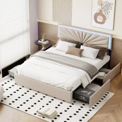 Simple Life Lit 160x200 cm avec 4 tiroirs de rangement, tête de lit avec éclairage LED, revêtement en tissu beige, Lit coffre moderne* Lit Coffre