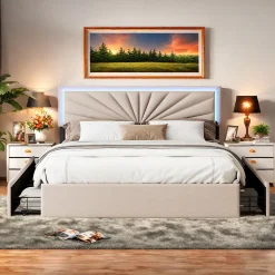 Lit 160x200 cm avec 4 tiroirs de rangement, tête de lit avec éclairage LED, revêtement en tissu beige,Lit coffre moderne>ProximaX Discount