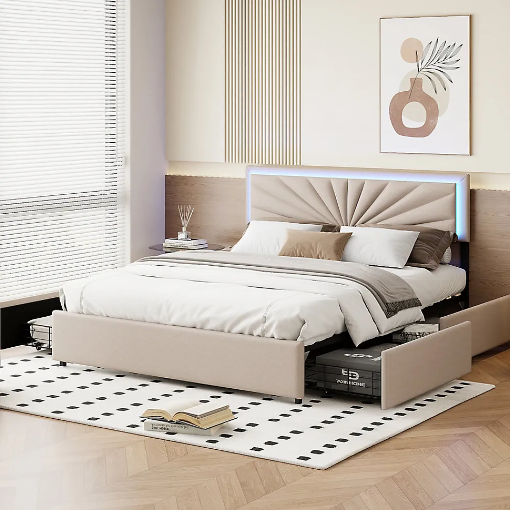 Lit 160x200 cm avec 4 tiroirs de rangement, tête de lit avec éclairage LED, revêtement en tissu beige,Lit coffre moderne>ProximaX Discount