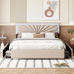Lit 160x200 cm avec 4 tiroirs de rangement, tête de lit avec éclairage LED, revêtement en tissu beige,Lit coffre moderne><noscript><img width=
