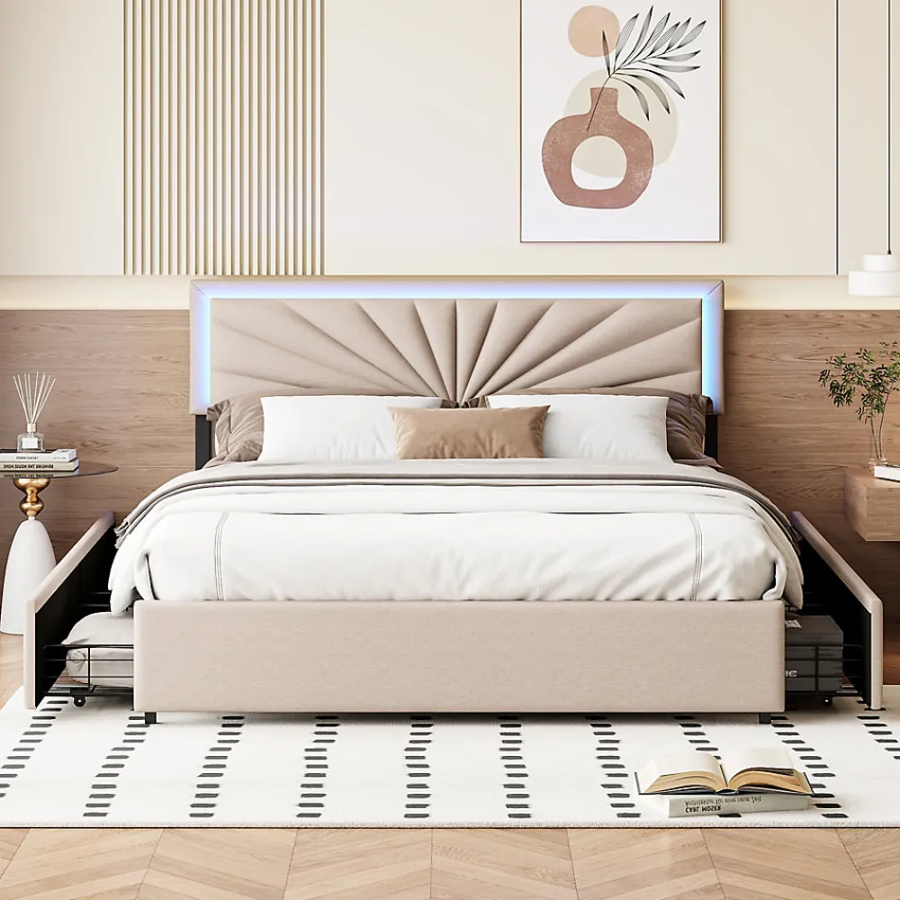Lit 160x200 cm avec 4 tiroirs de rangement, tête de lit avec éclairage LED, revêtement en tissu beige,Lit coffre moderne>ProximaX Discount