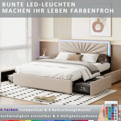 Lit 160x200 cm avec 4 tiroirs de rangement, tête de lit avec éclairage LED, revêtement en tissu beige,Lit coffre moderne><noscript><img width=