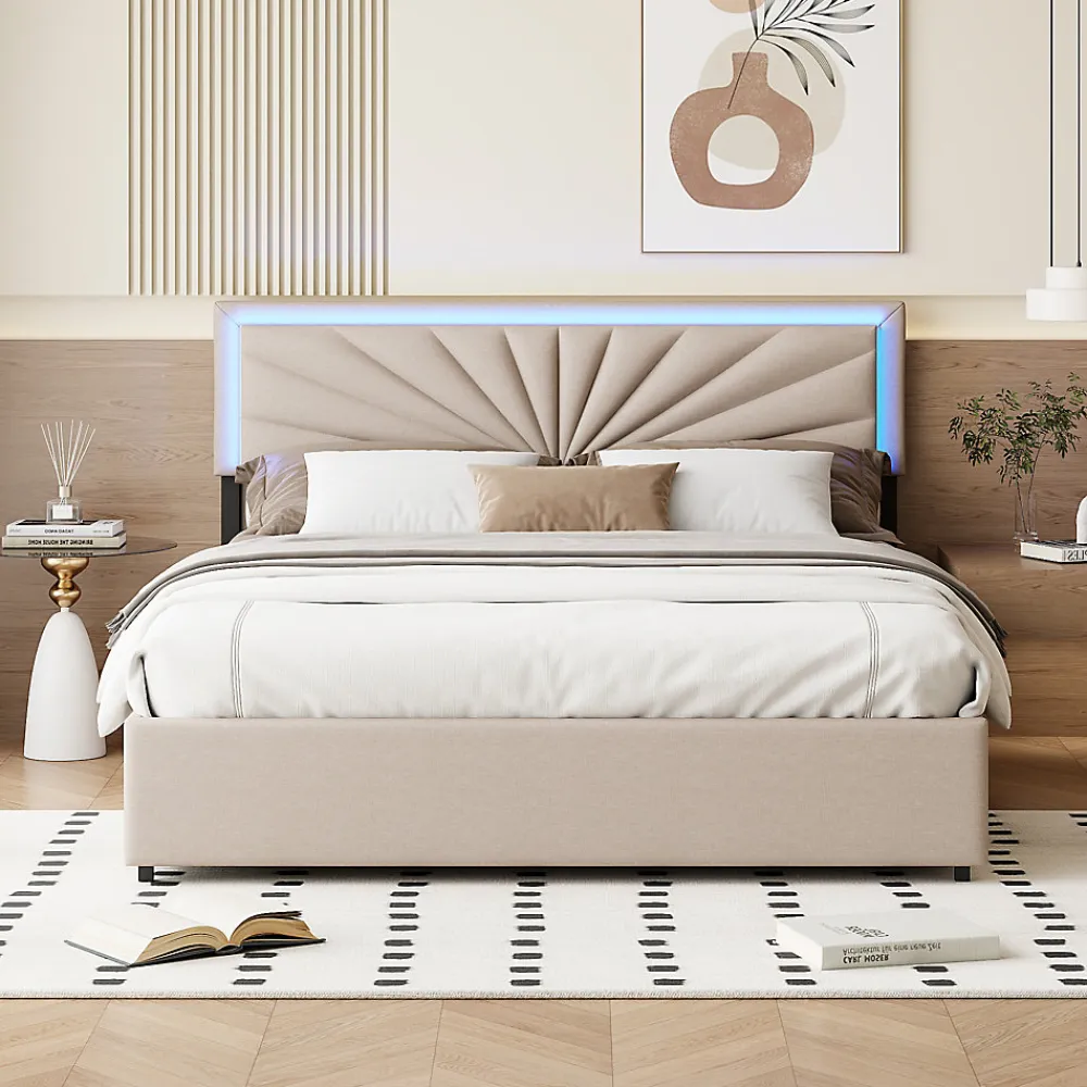 Lit 160x200 cm avec 4 tiroirs de rangement, tête de lit avec éclairage LED, revêtement en tissu beige,Lit coffre moderne>ProximaX Discount