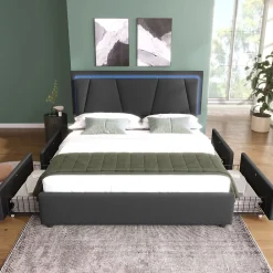 Redom Lit 140x200 cm avec 4 tiroirs et tête de lit réglable 10 cm, LED télécommandée, structure métal et tissu gris* Ensemble Sommier Et Matelas