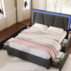 Redom Lit 140x200 cm avec 4 tiroirs et tête de lit réglable 10 cm, LED télécommandée, structure métal et tissu gris* Ensemble Sommier Et Matelas