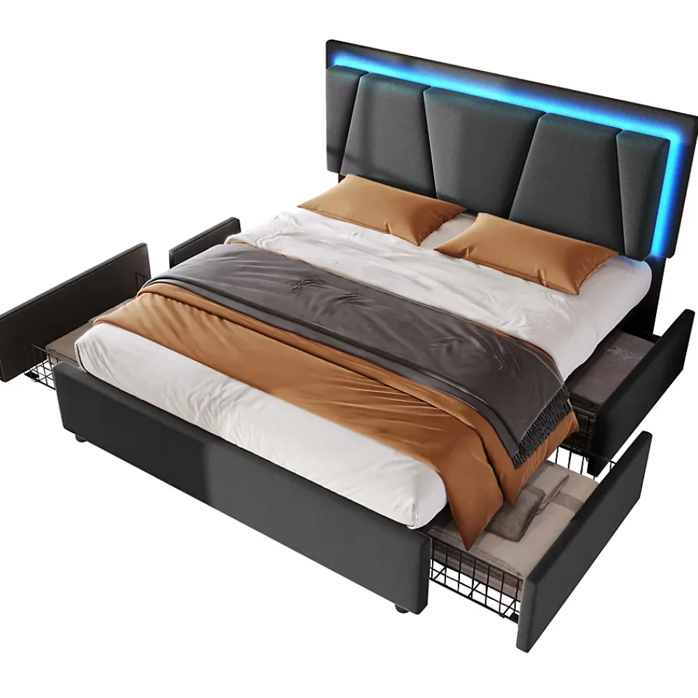 Redom Lit 140x200 cm avec 4 tiroirs et tête de lit réglable 10 cm, LED télécommandée, structure métal et tissu gris* Ensemble Sommier Et Matelas