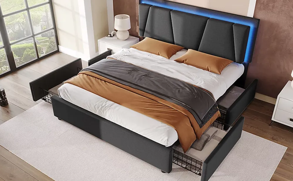 Redom Lit 140x200 cm avec 4 tiroirs et tête de lit réglable 10 cm, LED télécommandée, structure métal et tissu gris* Ensemble Sommier Et Matelas