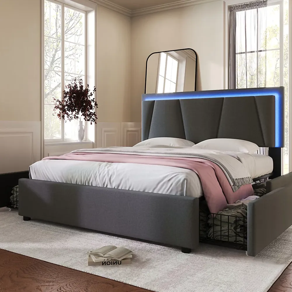Redom Lit 140x200 cm avec 4 tiroirs et tête de lit réglable 10 cm, LED télécommandée, structure métal et tissu gris* Ensemble Sommier Et Matelas