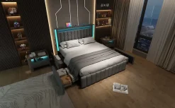 Redom Lit 160x200 cm avec 4 tiroirs et sommier a lattes, tete integree USB Type C et eclairage LED multicolore, tapisse lin gris* Ensemble Sommier Et Matelas