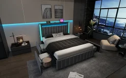 Redom Lit 160x200 cm avec 4 tiroirs et sommier a lattes, tete integree USB Type C et eclairage LED multicolore, tapisse lin gris* Ensemble Sommier Et Matelas