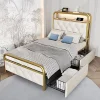 Redom Lit 90x200 cm avec 2 tiroirs et tête de lit avec prises USB Type-C, LED et cadre métal tapissé velours blanc* Ensemble Sommier Et Matelas