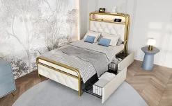 Redom Lit 90x200 cm avec 2 tiroirs et tête de lit avec prises USB Type-C, LED et cadre métal tapissé velours blanc* Ensemble Sommier Et Matelas