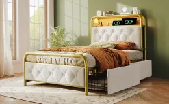 Redom Lit 90x200 cm avec 2 tiroirs et tête de lit avec prises USB Type-C, LED et cadre métal tapissé velours blanc* Ensemble Sommier Et Matelas