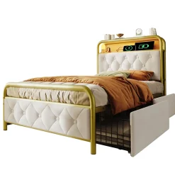Redom Lit 90x200 cm avec 2 tiroirs et tête de lit avec prises USB Type-C, LED et cadre métal tapissé velours blanc* Ensemble Sommier Et Matelas