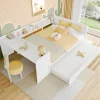 Lit 140x200 cm avec bureau intégré et lit gigogne, structure pin blanc et 3 étagères fonctionnelles>Redom Outlet