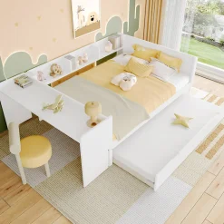 Lit 140x200 cm avec bureau intégré et lit gigogne, structure pin blanc et 3 étagères fonctionnelles>Redom Outlet