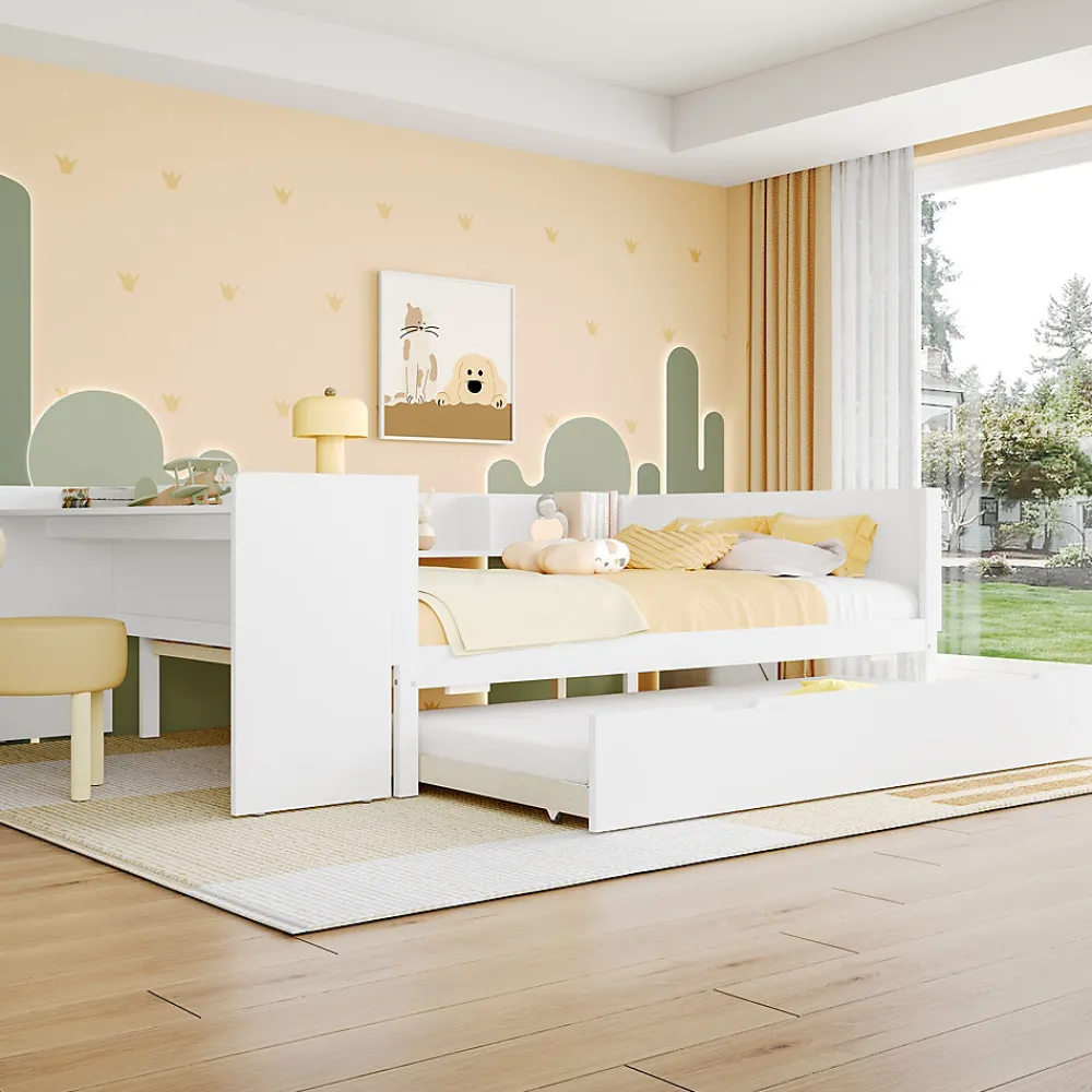 Lit 140x200 cm avec bureau intégré et lit gigogne, structure pin blanc et 3 étagères fonctionnelles>Redom Outlet