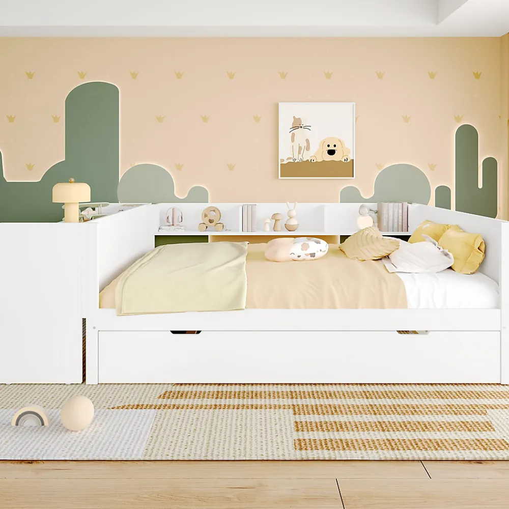 Lit 140x200 cm avec bureau intégré et lit gigogne, structure pin blanc et 3 étagères fonctionnelles>Redom Outlet