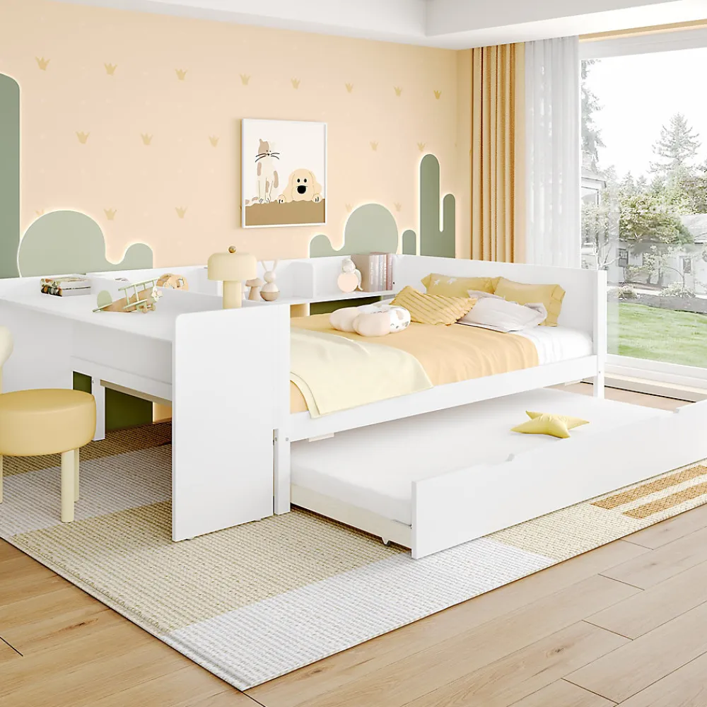 Lit 140x200 cm avec bureau intégré et lit gigogne, structure pin blanc et 3 étagères fonctionnelles>Redom Outlet