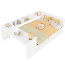Lit 140x200 cm avec bureau intégré et lit gigogne, structure pin blanc et 3 étagères fonctionnelles><noscript><img width=