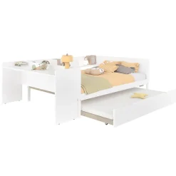 Lit 140x200 cm avec bureau intégré et lit gigogne, structure pin blanc et 3 étagères fonctionnelles><noscript><img width=