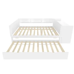 Lit 140x200 cm avec bureau intégré et lit gigogne, structure pin blanc et 3 étagères fonctionnelles><noscript><img width=