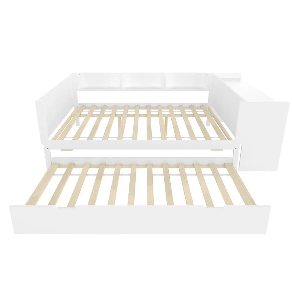 Lit 140x200 cm avec bureau intégré et lit gigogne, structure pin blanc et 3 étagères fonctionnelles>Redom Outlet